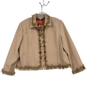 St. John Jacket Size XL Tan Eyelash Fringe Button Embellished Stretch Full Zip